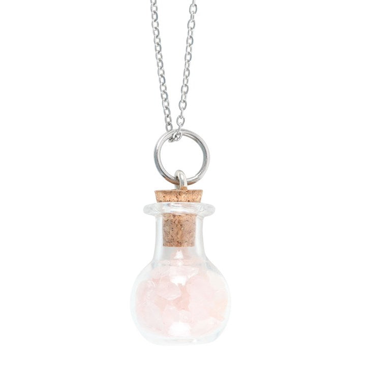 Love Rose Quartz Crystal Chip Potion Bottle Necklace