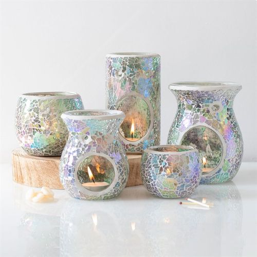 Pillar Light Blue Iridescent Crackle Oil Burner and Wax Warmer